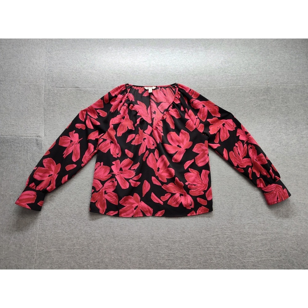 Nine West Women Top S Black Red Floral V Neck Long Sleeve Pullover Logo Casual